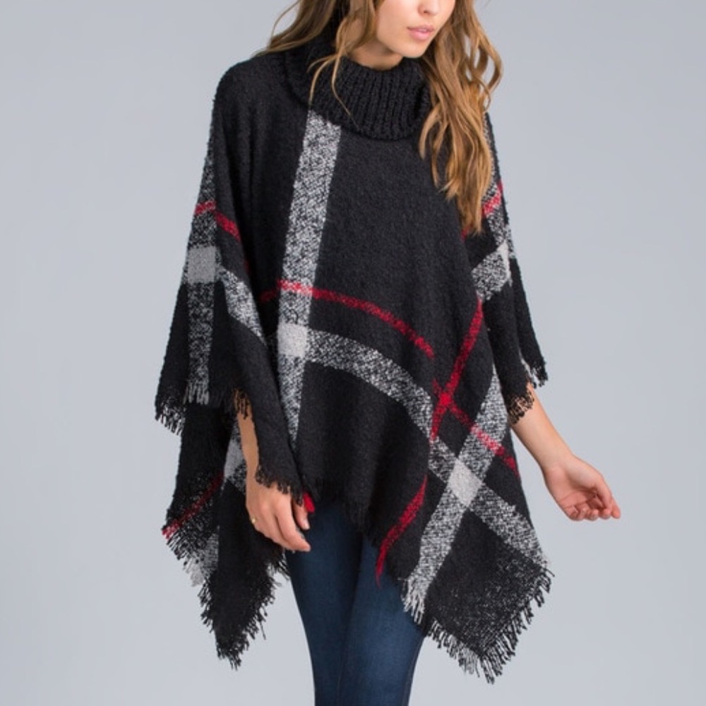 🔺SALE🔺Knitted Plaid Poncho in Black & Red - Picture 1 of 5